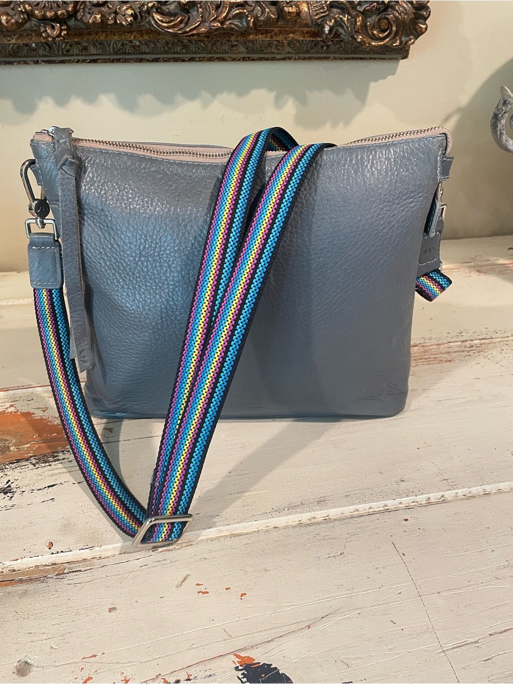 Consuela Dusty Blue Embossed Leather crossbody Bag